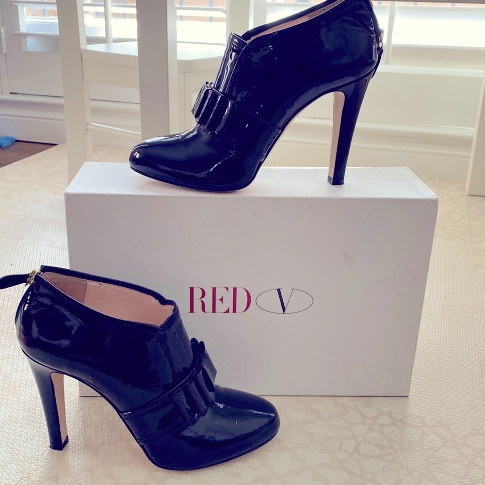 Red Valentino black patent leather booties with zip enclosure